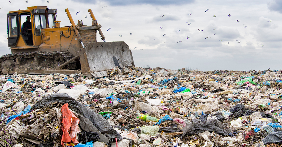 A bulldozer is adding garbage to a large landfill. The sky is cloudy and there are several birds flying above the trash.