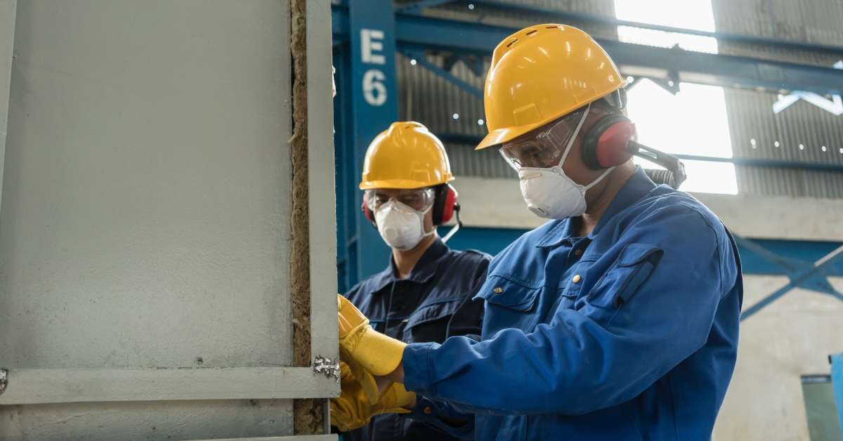 Two men are working in an industrial setting. They are wearing protective equipment, including hard hats, masks, and gloves.