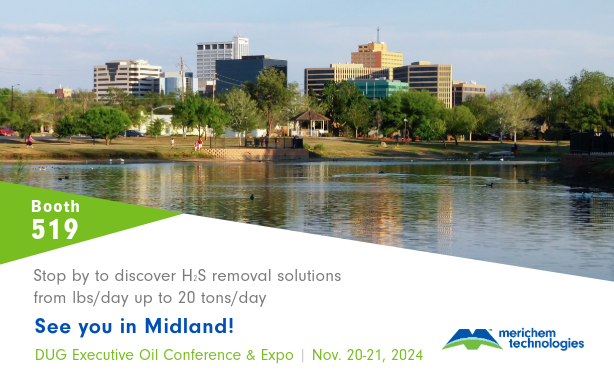 Skyline view of Midland, Texas from across lake. Text about visiting us in booth 519 to learn more about Merichem Technologies H2S removal solutions