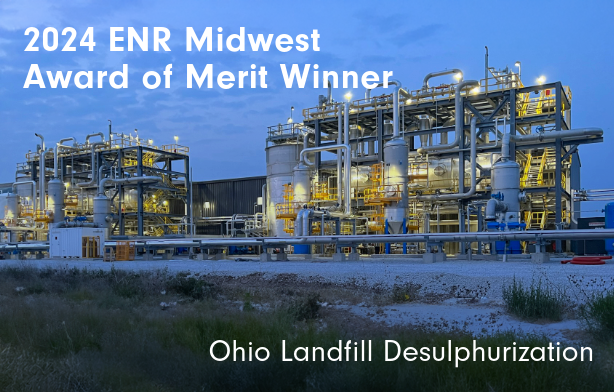 2024 ENR Midwest Award of Merit Winner, Ohio Landfill Desulphurization with picture of LO-CAT train at one of the site locations