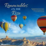 Brightly colored hot air balloons over mountains and rock formations set against a blue sky with headline about Renewable diesel