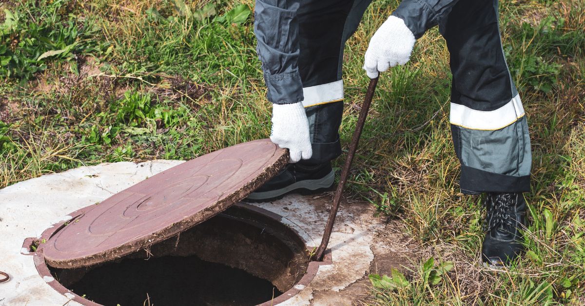 A worker wearing a uniform and white gloves is opening a brown manhole cover to expose the sewer underneath.