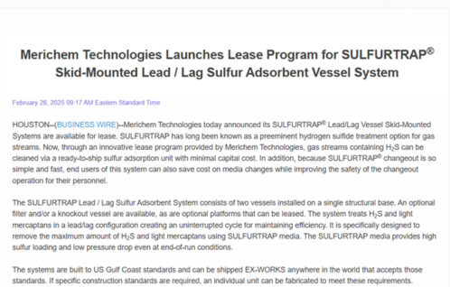 Text of skid mounted vessel system press release