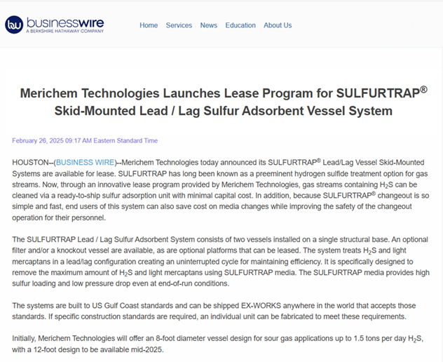 Text of skid mounted vessel system press release