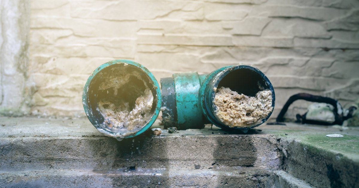 Industrial pipe parts, green in color and resting on a surface, clogged with thick buildup of fats, oil, and grease.