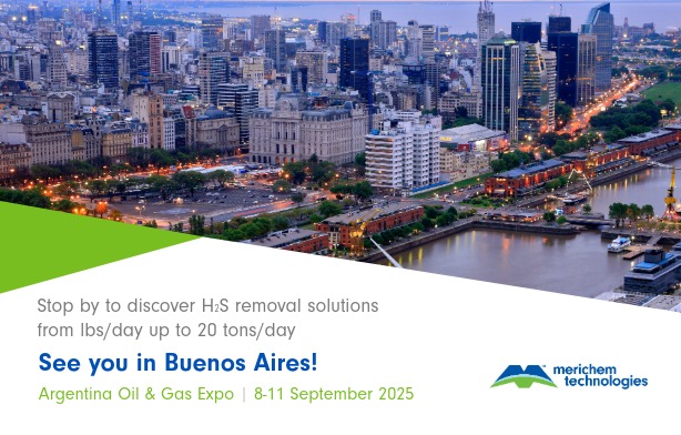Photo of Buenos Aires Skyline at the top with a small green triangle on the left side. Copy of dates and Aregentina Oil & Gas Expo details along with Merichem Technologies logo