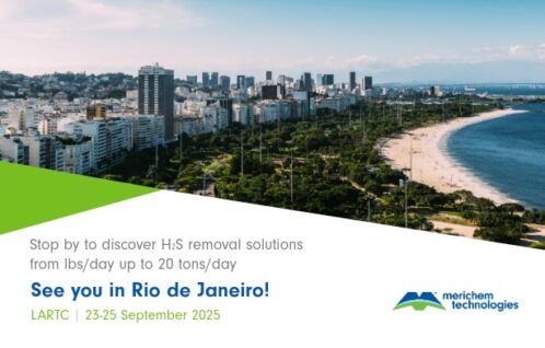 Photo of Rio de Janeiro in the top with a small green triangle on the left side. Copy about the conference and merichem technologies logo