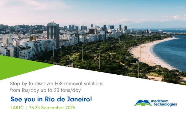 Photo of Rio de Janeiro in the top with a small green triangle on the left side. Copy about the conference and merichem technologies logo