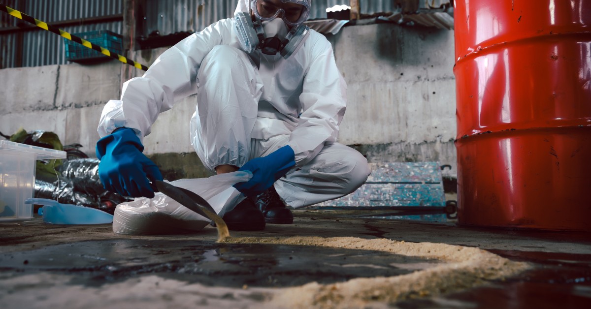 A person wearing safety gloves, a mask, and a hazmat suit cleans an oil spill in an industrial facility.