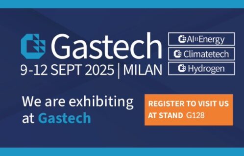 Official Gastech Web Banner with Gastech logo, dates and exhibiting stand info in white and light blue G128 on a blue ground