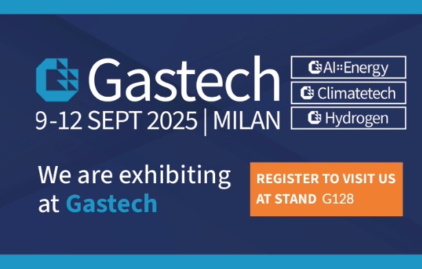 Official Gastech Web Banner with Gastech logo, dates and exhibiting stand info in white and light blue G128 on a blue ground