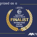 Official gold laurel wreath Gulf Energy Information Technology Licensor of the Year Finalist badge on navy blue background