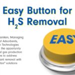 Large yellow raised button with a silver base and the word easy on it. Headline reads Easy button for H2S removal. Small blurb about article to left of button