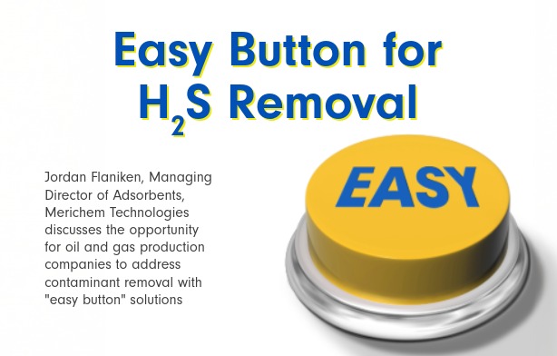 Large yellow raised button with a silver base and the word easy on it. Headline reads Easy button for H2S removal. Small blurb about article to left of button