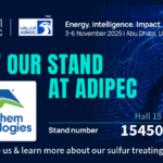 Official ADIPEC logo on dark blue background. Visit our stand at ADIPEC in aqua. Blue and green Merichem Technologies logo on white rectangle on left side with stand number and Hall 15 on the right. Come see us to learn about sulfur treating in white text across the bottom.