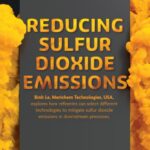 Yellow billowing sulfur yellow clouds on either side of a dark gray rectangle with Reducing Sulfur Dioxide Emissions and a blurb about the article