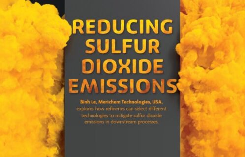 Yellow billowing sulfur yellow clouds on either side of a dark gray rectangle with Reducing Sulfur Dioxide Emissions and a blurb about the article