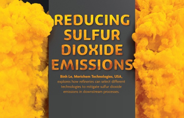 Yellow billowing sulfur yellow clouds on either side of a dark gray rectangle with Reducing Sulfur Dioxide Emissions and a blurb about the article