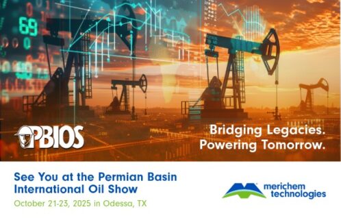 pump jacks with an orange brown image overlayed with blue green graphs, data and numbers in upper left corner PBIOS logo in white on image and Merichem Technologies blue green logo in lower right corner on white