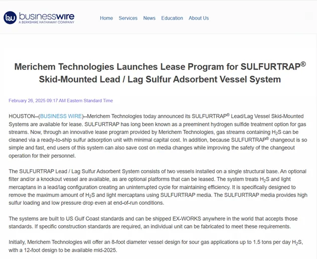 Merichem Technologies Announces Skid-Mounted Lead/Lad Vessel Systems for H<sub>2</sub>S Removal