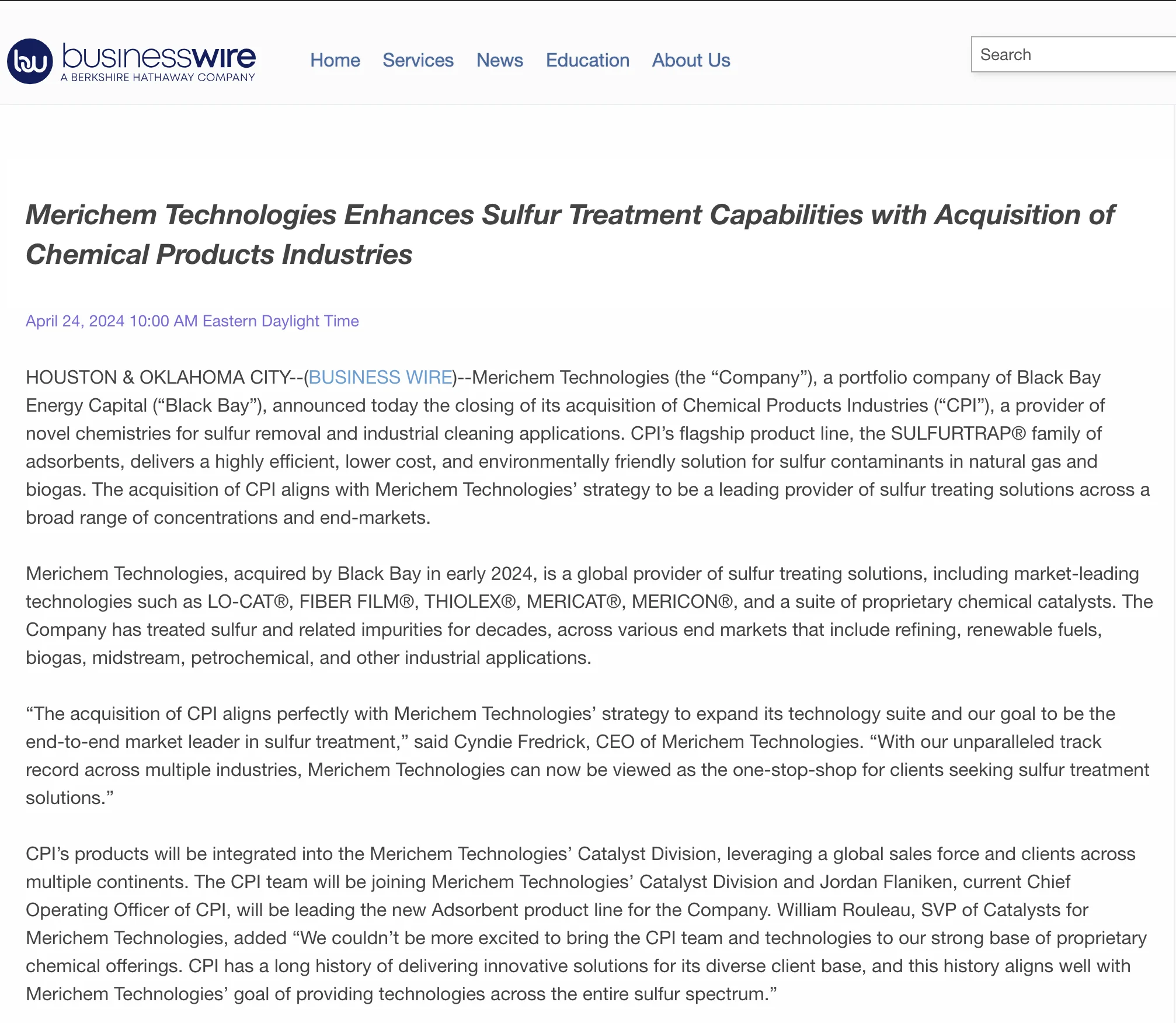 Merichem Technologies Enhances Sulfur Treatment Capabilities with Acquisition of Chemical Products Industries