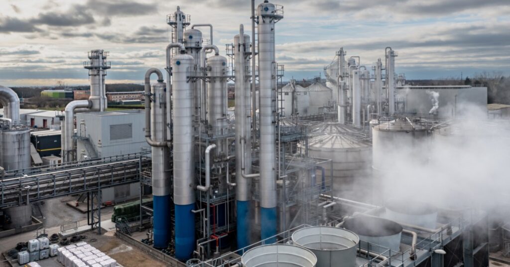 A large industrial manufacturing site with metal pipework and cooling fans. Clouds in the sky are visible in the background.