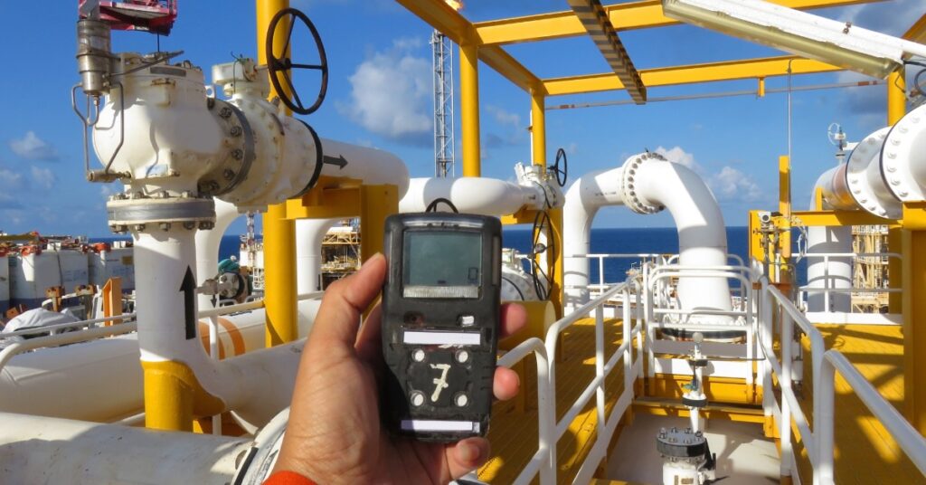 A close-up of a safety and security system on an offshore oil and gas processing platform to track gas leakage.